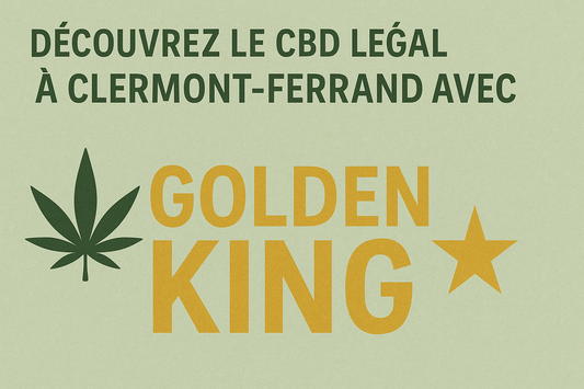 Bannière promotionnelle verte avec une feuille de chanvre, une étoile dorée et le texte “Découvrez le CBD légal à Clermont-Ferrand avec Golden King